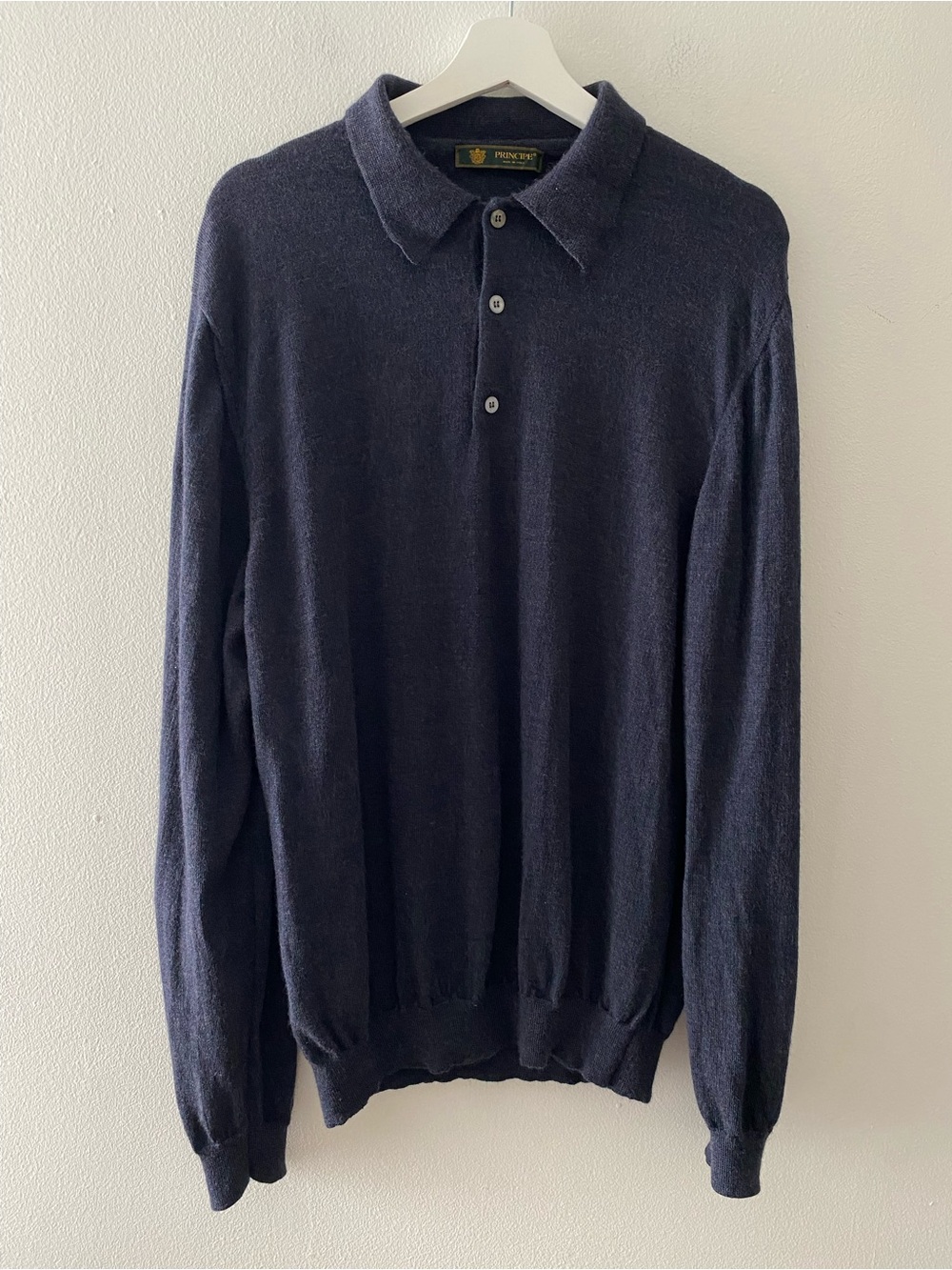 Principe Men’s Navy Crewneck Polo Sweater Merino Wool Made in Italy
